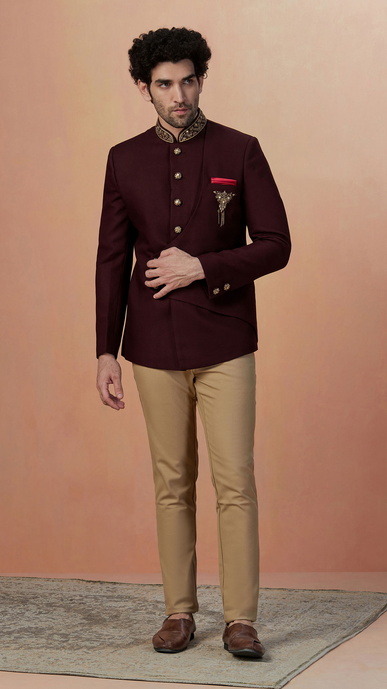 alt message - Manyavar Men Maroon Self Design Bandhagala Indo Western image number 1